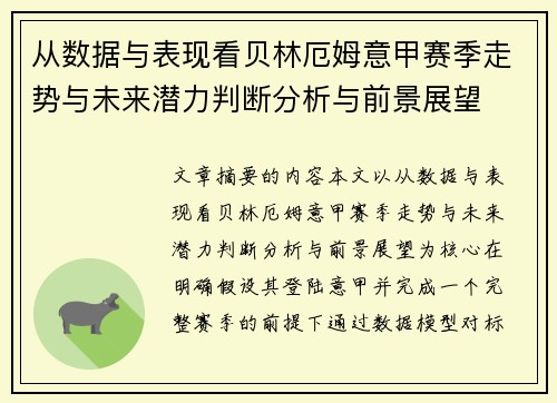从数据与表现看贝林厄姆意甲赛季走势与未来潜力判断分析与前景展望