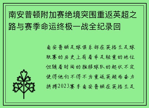 南安普顿附加赛绝境突围重返英超之路与赛季命运终极一战全纪录回