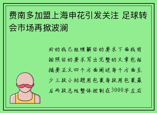 费南多加盟上海申花引发关注 足球转会市场再掀波澜